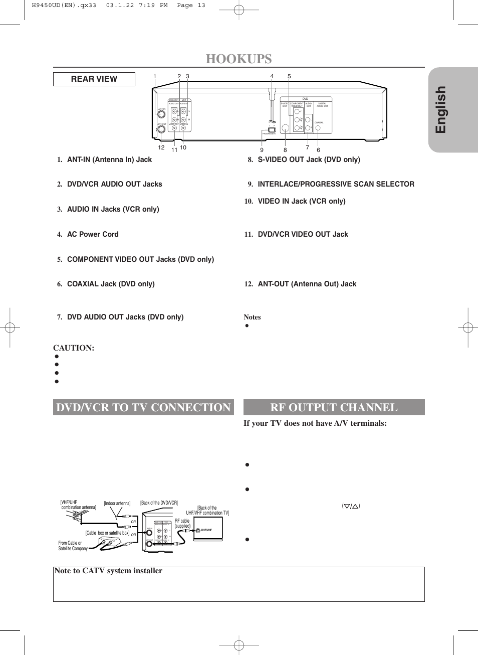 English, Hookups, Dvd/vcr to tv connection | Rf output channel, Caution, Rear view | Hitachi DV-PF33U User Manual | Page 13 / 44