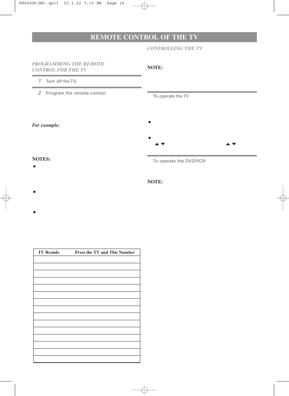 Remote control of the tv | Hitachi DV-PF33U User Manual | Page 16 / 44