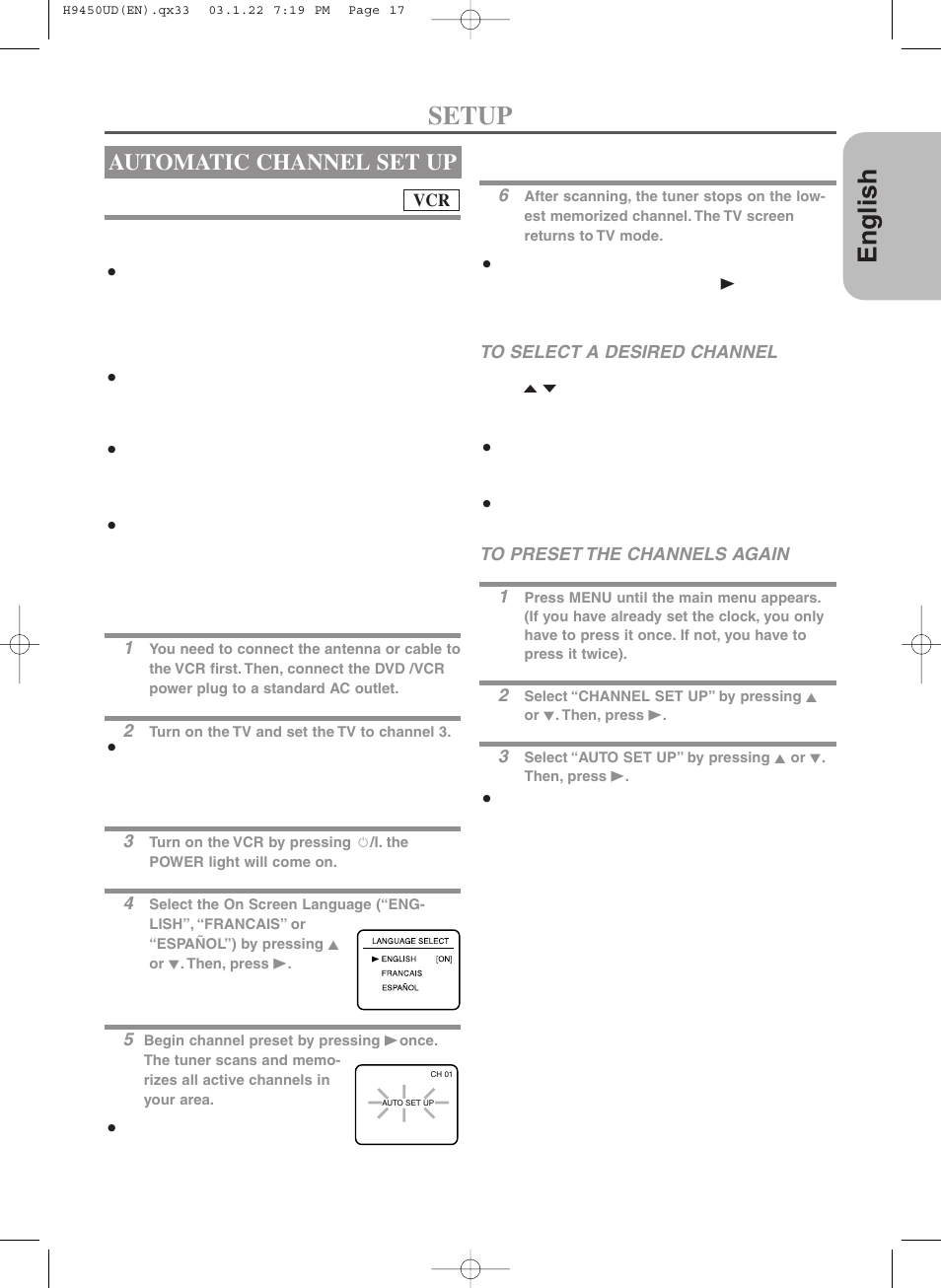 English, Setup, Automatic channel set up | Hitachi DV-PF33U User Manual | Page 17 / 44