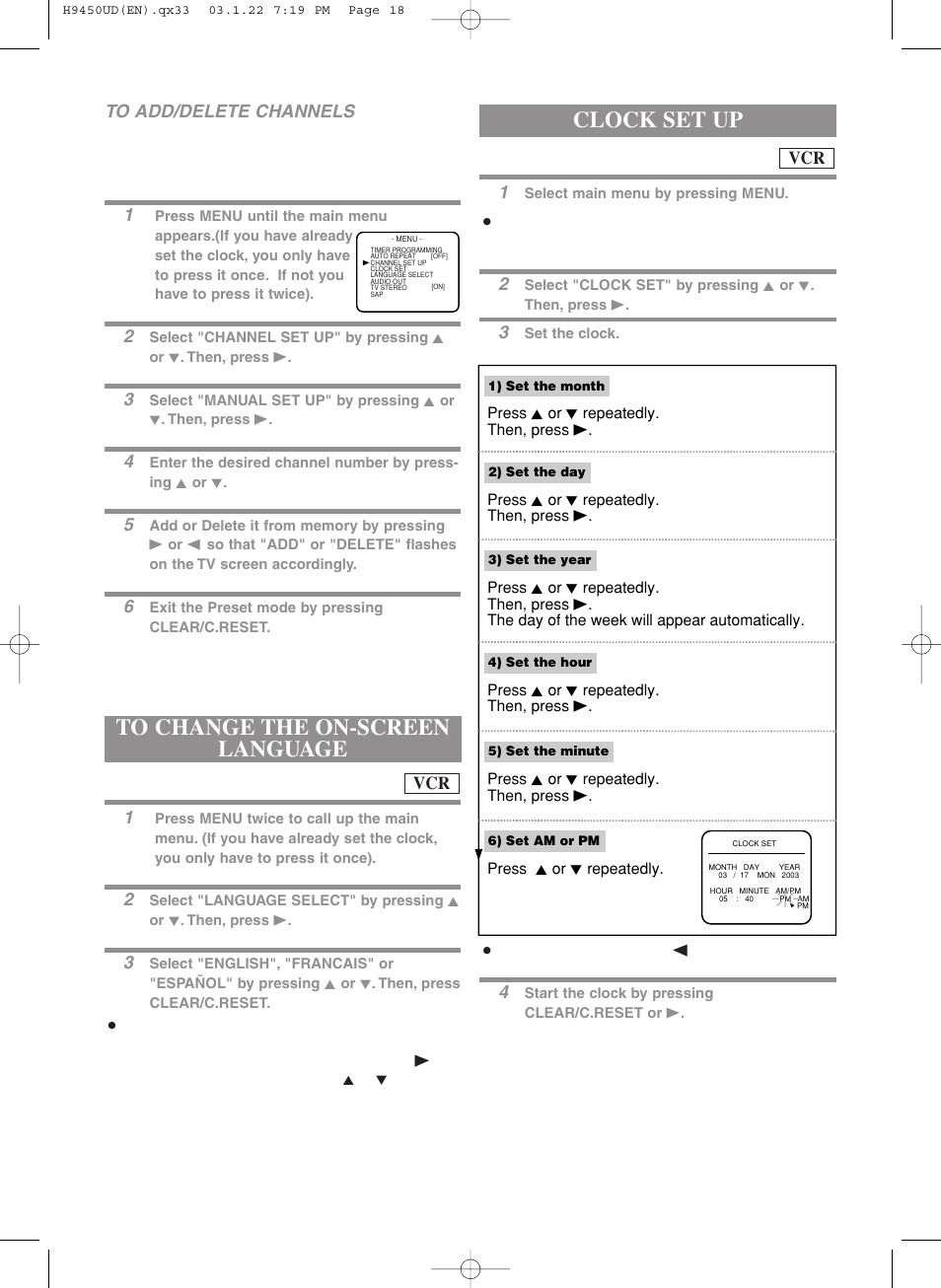 Clock set up, Vcr to add/delete channels | Hitachi DV-PF33U User Manual | Page 18 / 44