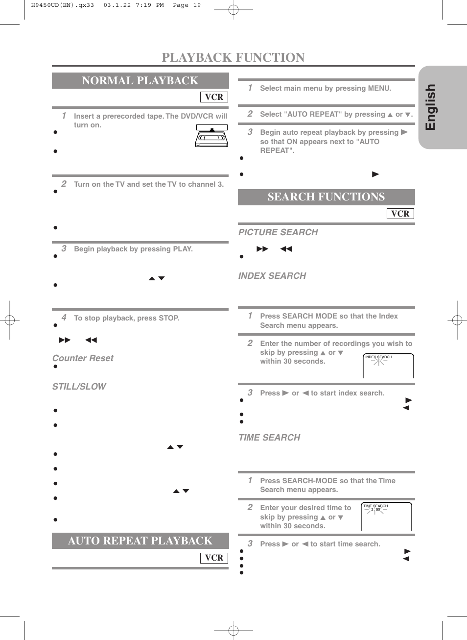 English, Playback function, Normal playback | Auto repeat playback, Search functions | Hitachi DV-PF33U User Manual | Page 19 / 44