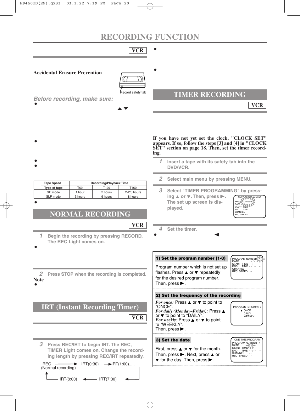 Recording function, Irt (instant recording timer), Timer recording | Normal recording, Before recording, make sure | Hitachi DV-PF33U User Manual | Page 20 / 44