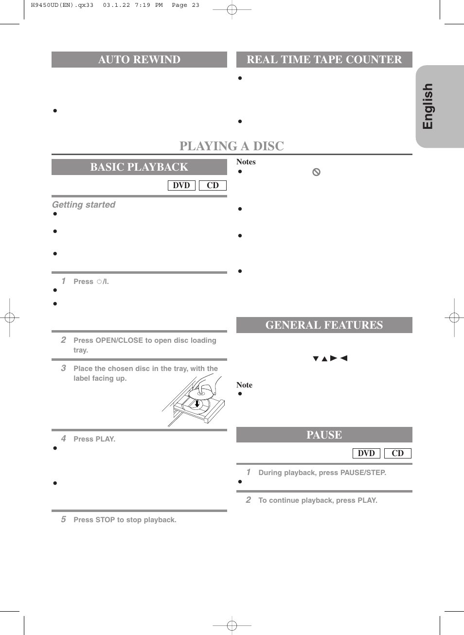 English, Playing a disc, Basic playback | Auto rewind, Real time tape counter, General features, Pause | Hitachi DV-PF33U User Manual | Page 23 / 44