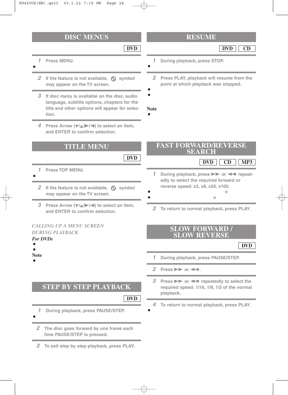 Title menu, Step by step playback, Resume | Disc menus | Hitachi DV-PF33U User Manual | Page 24 / 44