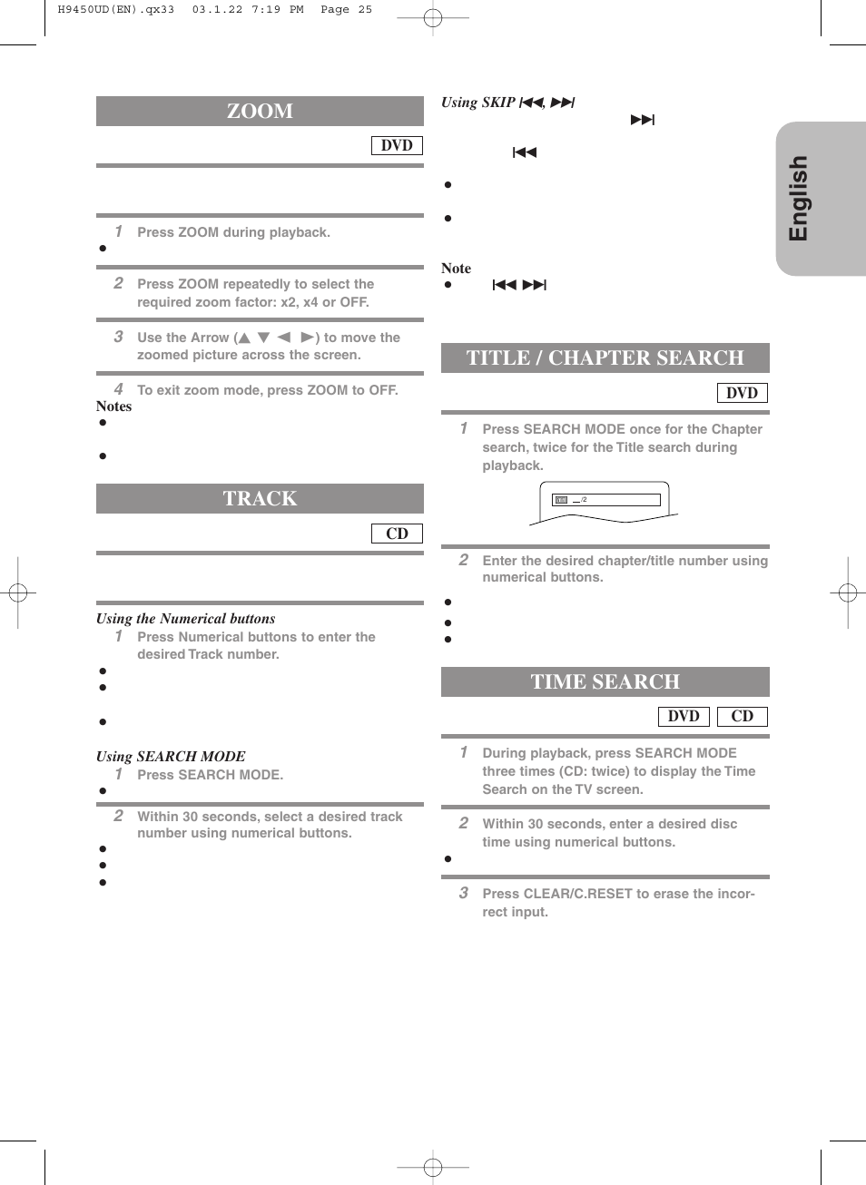 English, Track, Zoom | Title / chapter search, Time search | Hitachi DV-PF33U User Manual | Page 25 / 44