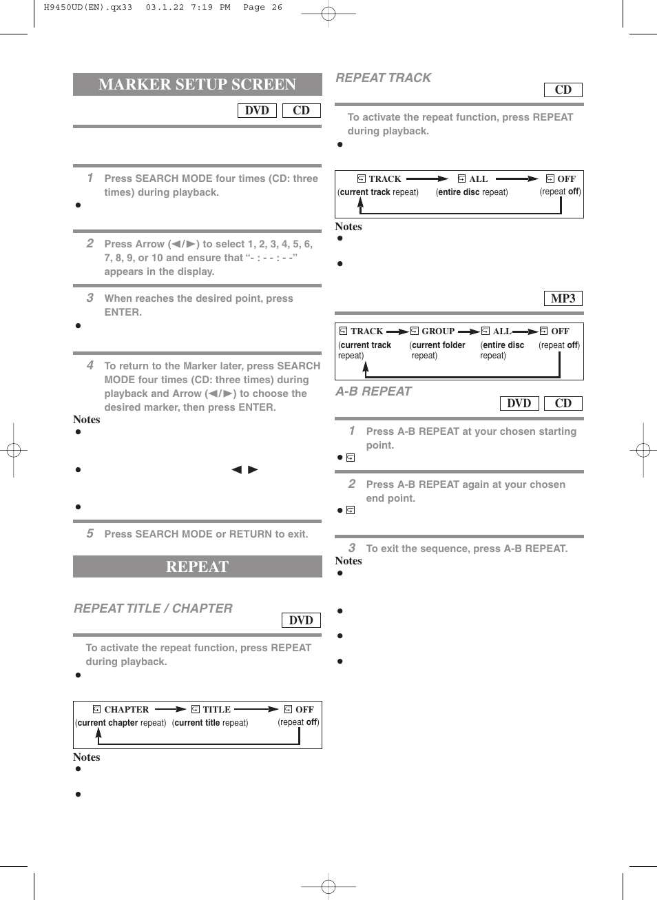 Repeat, Marker setup screen | Hitachi DV-PF33U User Manual | Page 26 / 44