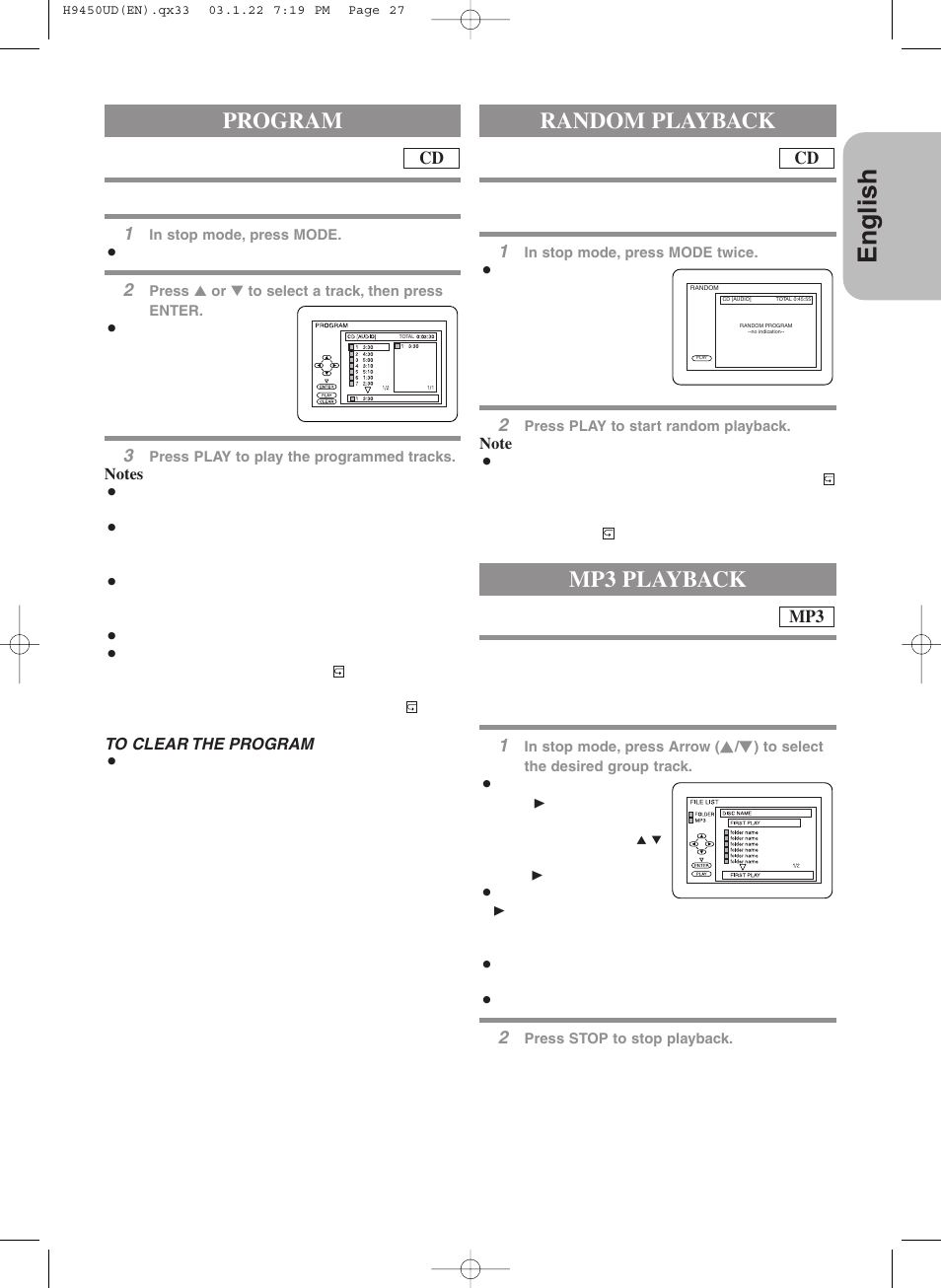 English, Random playback, Mp3 playback program | Hitachi DV-PF33U User Manual | Page 27 / 44