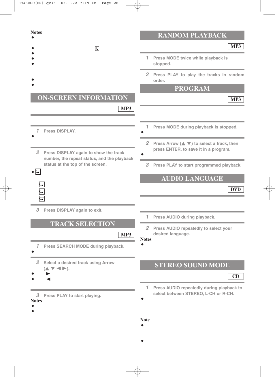Random playback, Program audio language, Stereo sound mode | On-screen information, Track selection | Hitachi DV-PF33U User Manual | Page 28 / 44