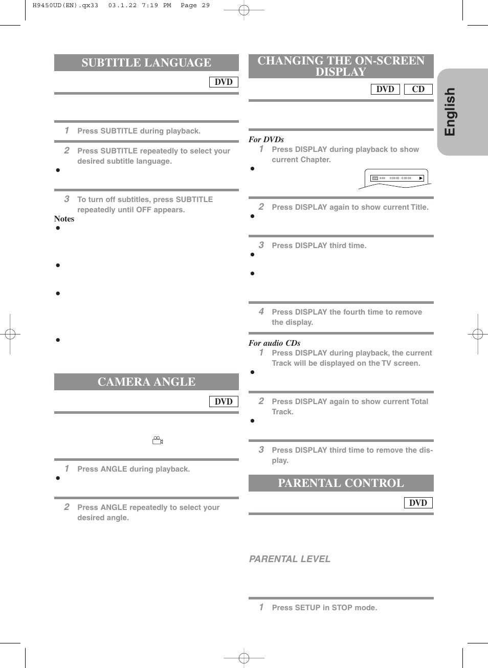 English, Changing the on-screen display, Subtitle language camera angle | Parental control | Hitachi DV-PF33U User Manual | Page 29 / 44