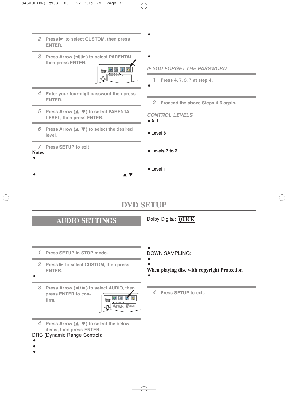 Dvd setup, Audio settings | Hitachi DV-PF33U User Manual | Page 30 / 44