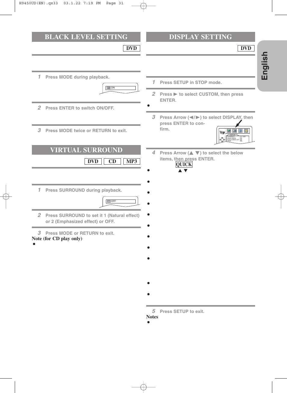 English, Black level setting, Virtual surround | Display setting | Hitachi DV-PF33U User Manual | Page 31 / 44