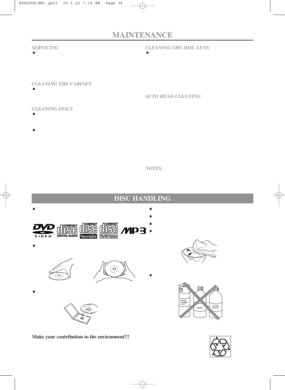 Maintenance, Disc handling | Hitachi DV-PF33U User Manual | Page 34 / 44