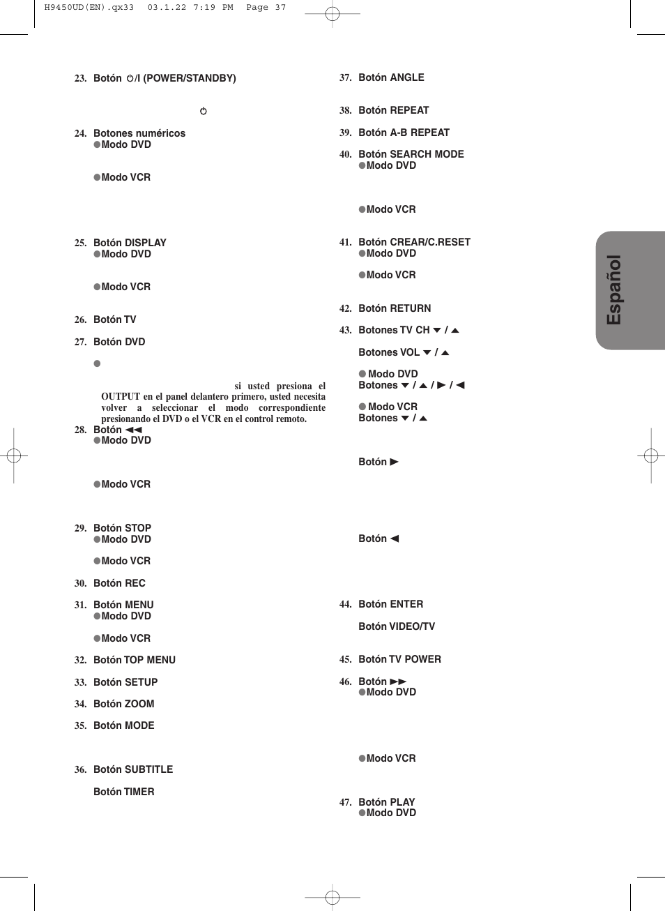 Espa ñ ol | Hitachi DV-PF33U User Manual | Page 37 / 44