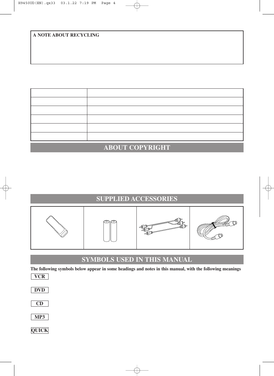 About copyright, Symbols used in this manual, Supplied accessories | Hitachi DV-PF33U User Manual | Page 4 / 44