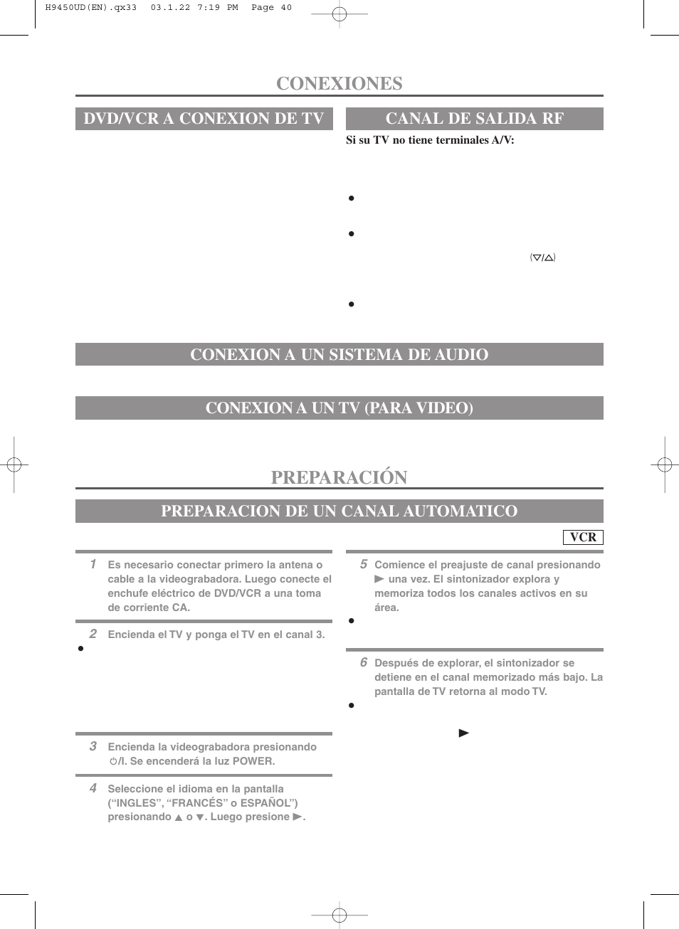 Conexiones, Preparación, Canal de salida rf | Conexion a un tv (para video), Preparacion de un canal automatico | Hitachi DV-PF33U User Manual | Page 40 / 44