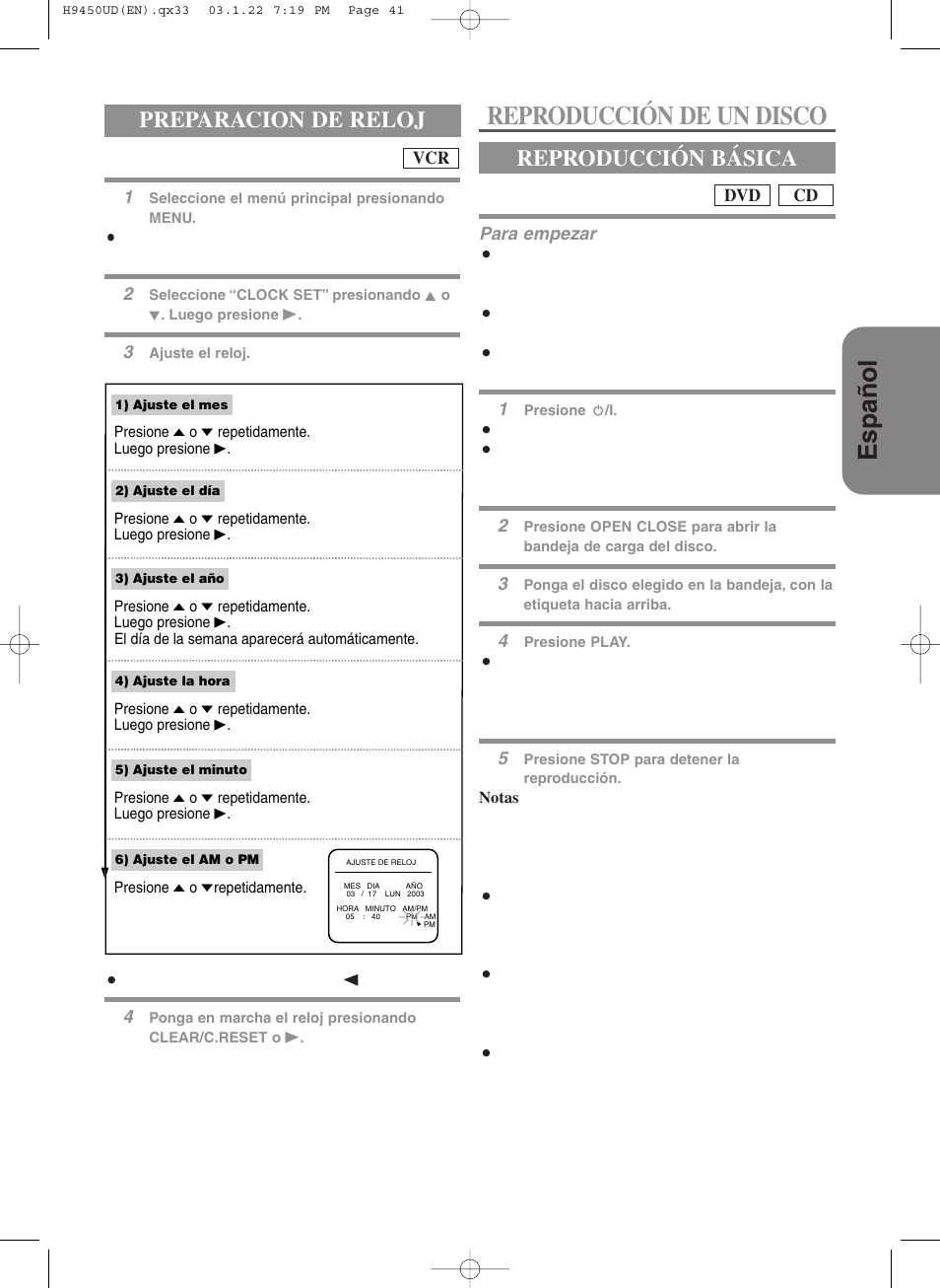 Espa ñ ol, Reproducción de un disco, Preparacion de reloj | Reproducción básica | Hitachi DV-PF33U User Manual | Page 41 / 44