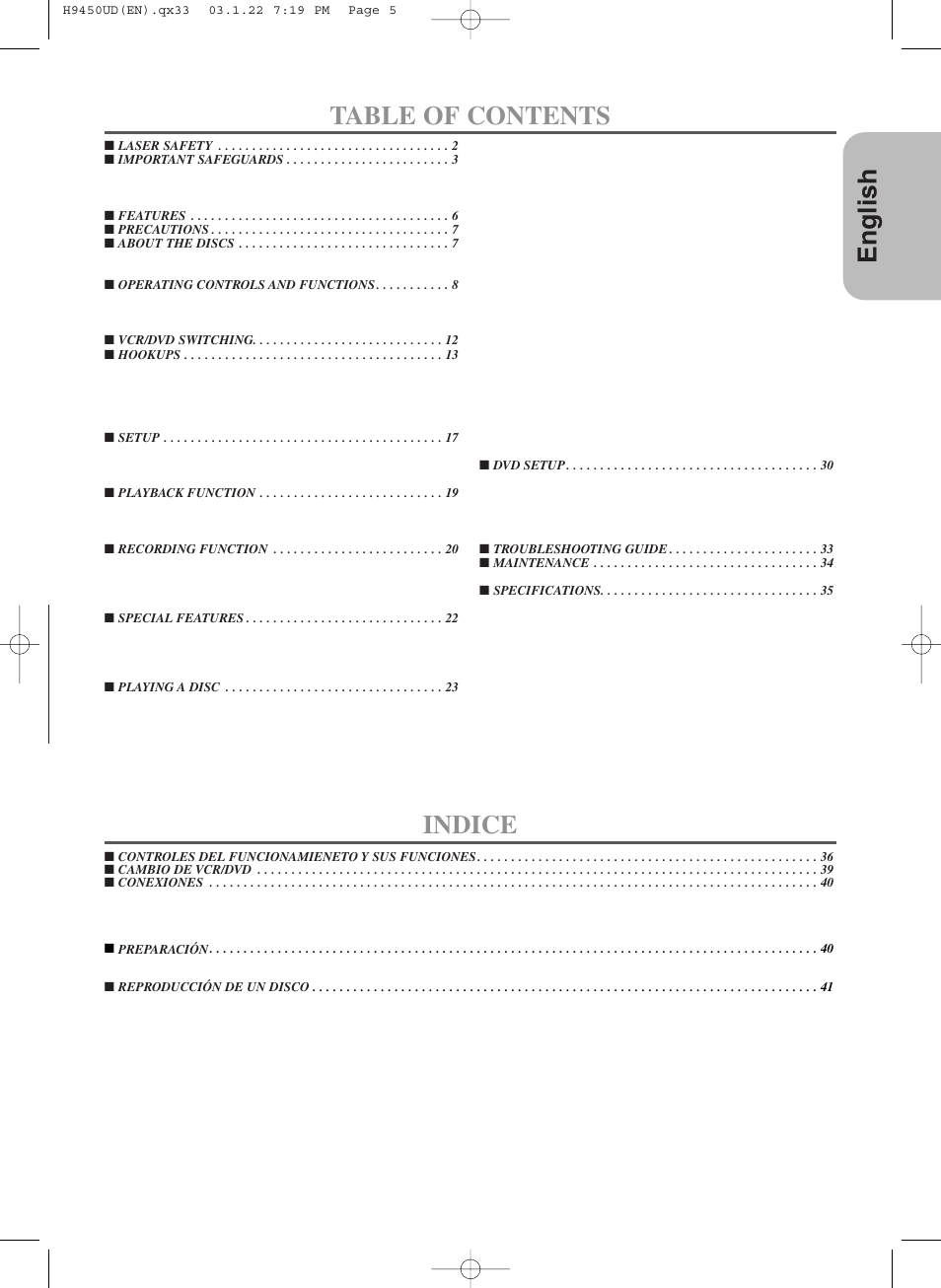 English table of contents, Indice | Hitachi DV-PF33U User Manual | Page 5 / 44