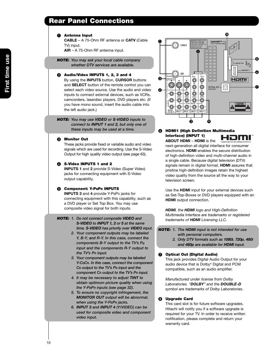 Rear panel connections, First time use | Hitachi 65F710A User Manual | Page 10 / 72