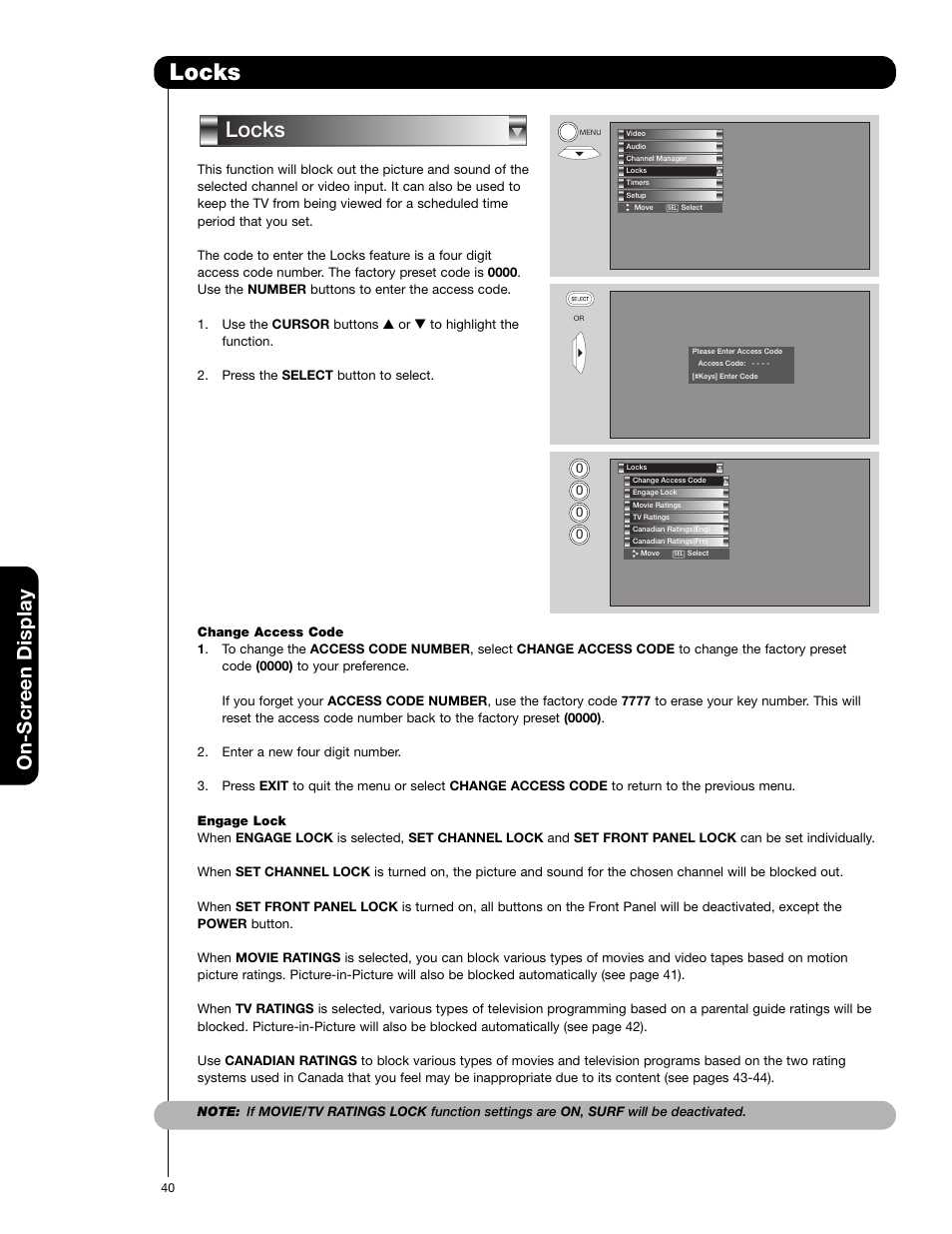 Locks, On-scr een display | Hitachi 65F710A User Manual | Page 40 / 72