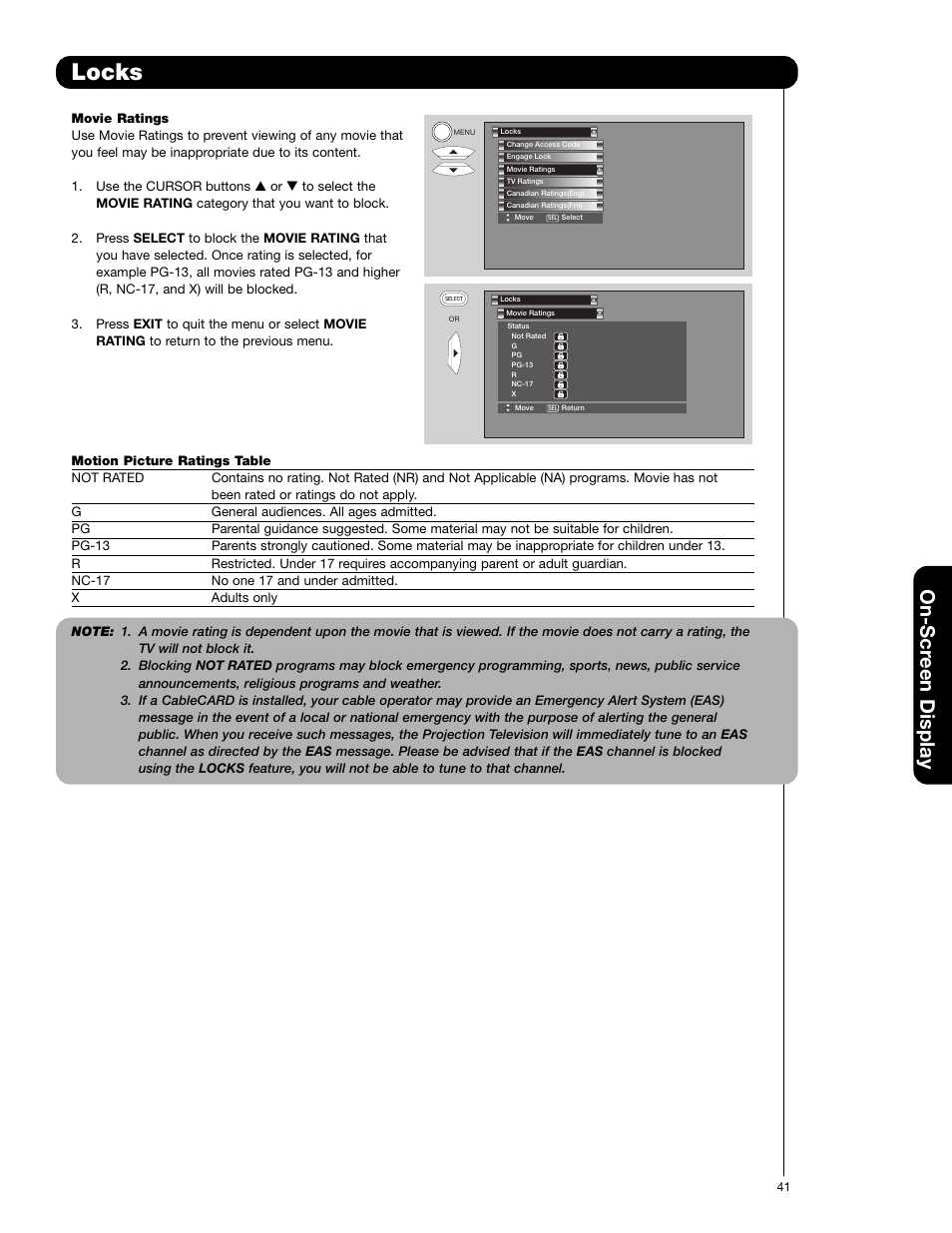 Locks, On-scr een display | Hitachi 65F710A User Manual | Page 41 / 72