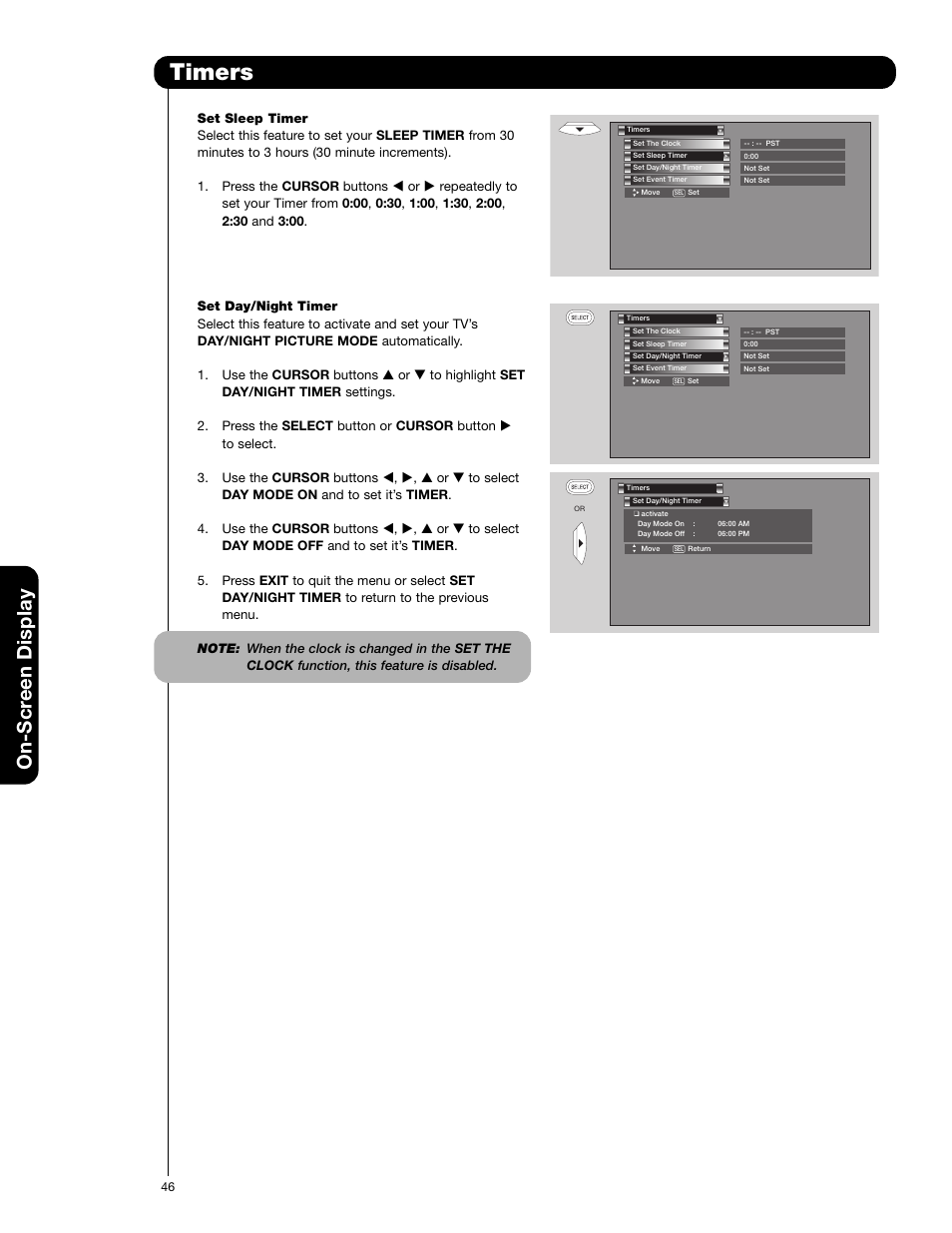 Timers, On-scr een display | Hitachi 65F710A User Manual | Page 46 / 72