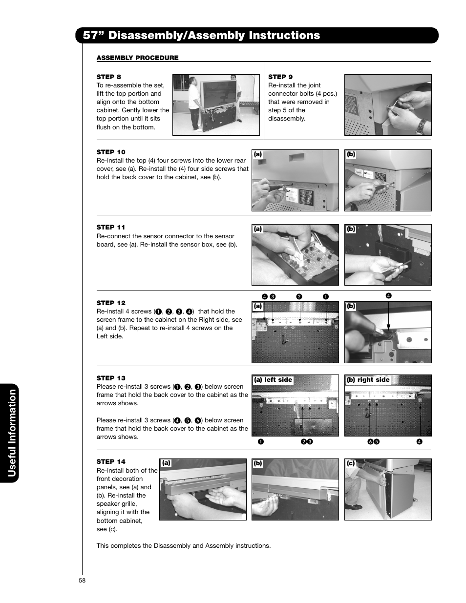 57” disassembly/assembly instructions, Useful information | Hitachi 65F710A User Manual | Page 58 / 72