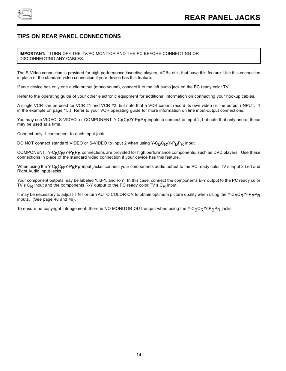 Rear panel jacks | Hitachi UltraVision 36SDX88B User Manual | Page 14 / 80