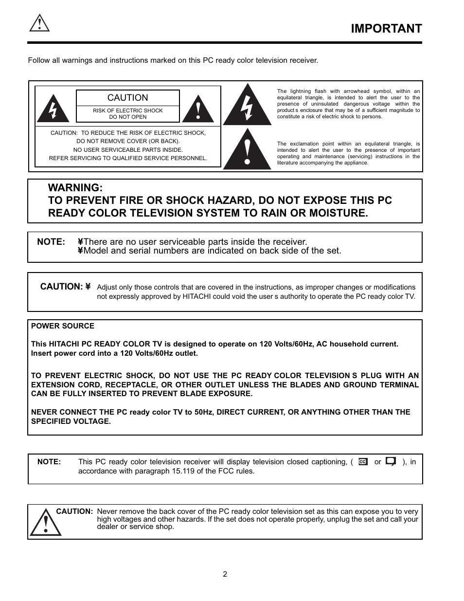 Important, Caution | Hitachi UltraVision 36SDX88B User Manual | Page 2 / 80