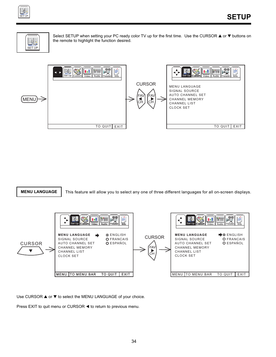 Setup, Cursor menu, Cursor | Hitachi UltraVision 36SDX88B User Manual | Page 34 / 80