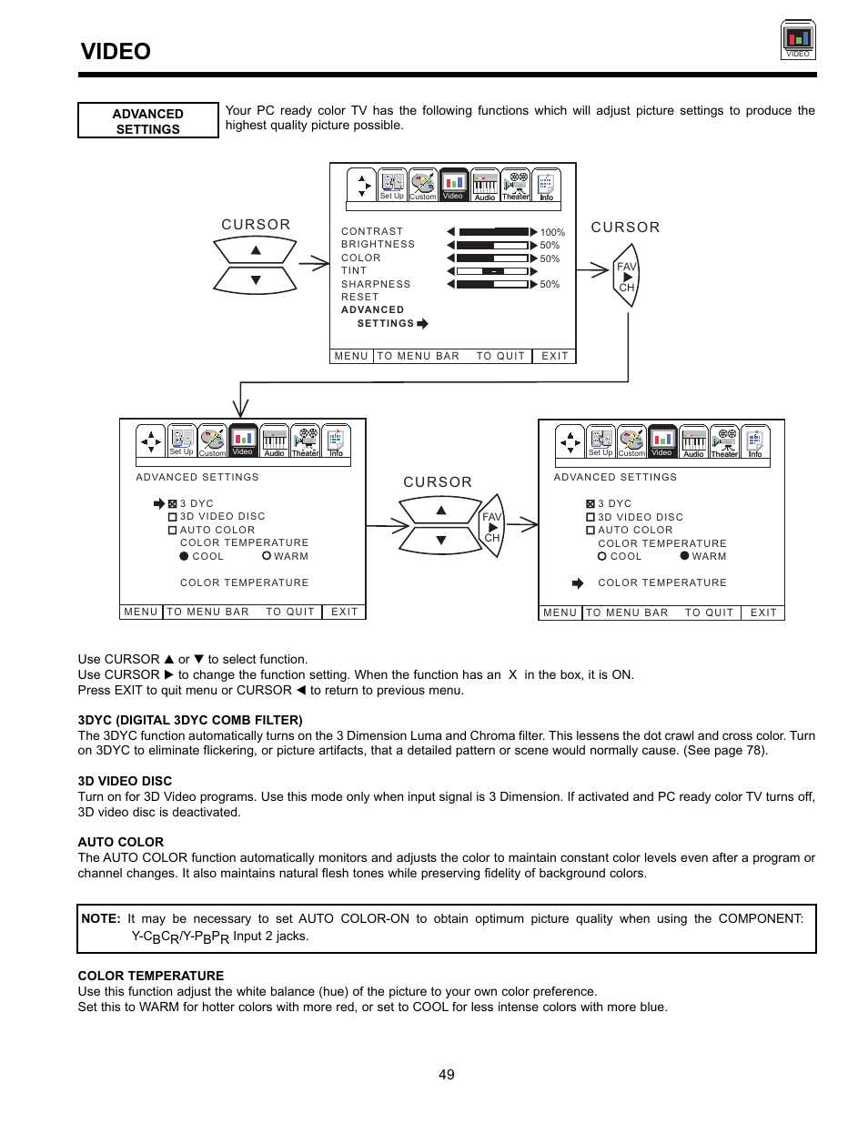 Video, Cursor | Hitachi UltraVision 36SDX88B User Manual | Page 49 / 80