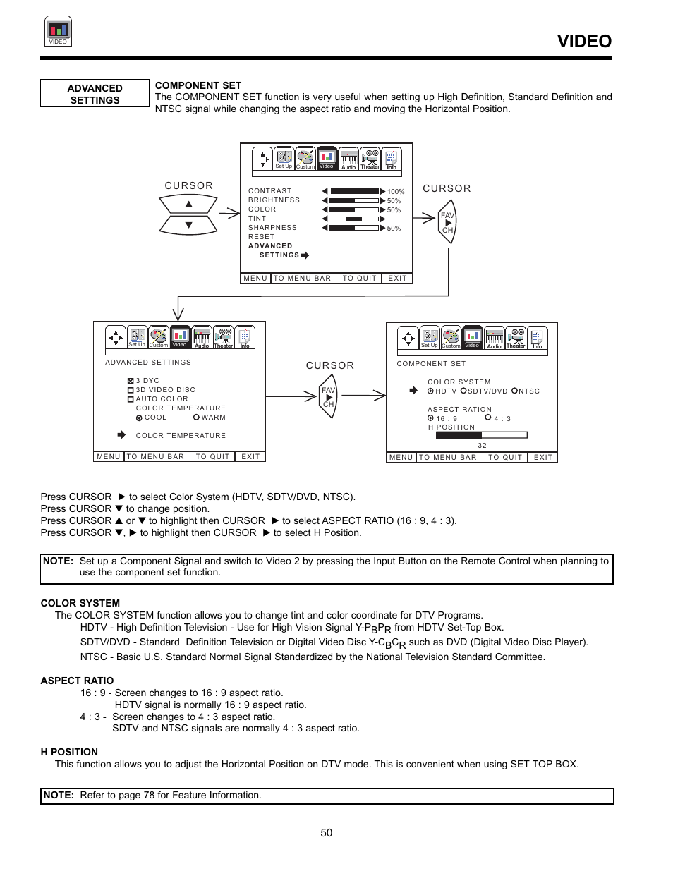 Video, Cursor | Hitachi UltraVision 36SDX88B User Manual | Page 50 / 80