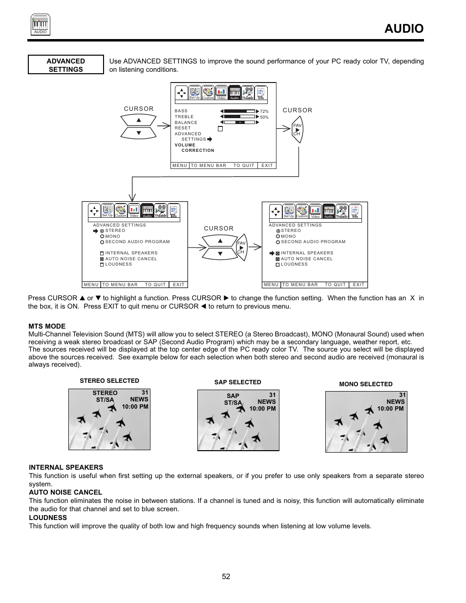 Audio | Hitachi UltraVision 36SDX88B User Manual | Page 52 / 80