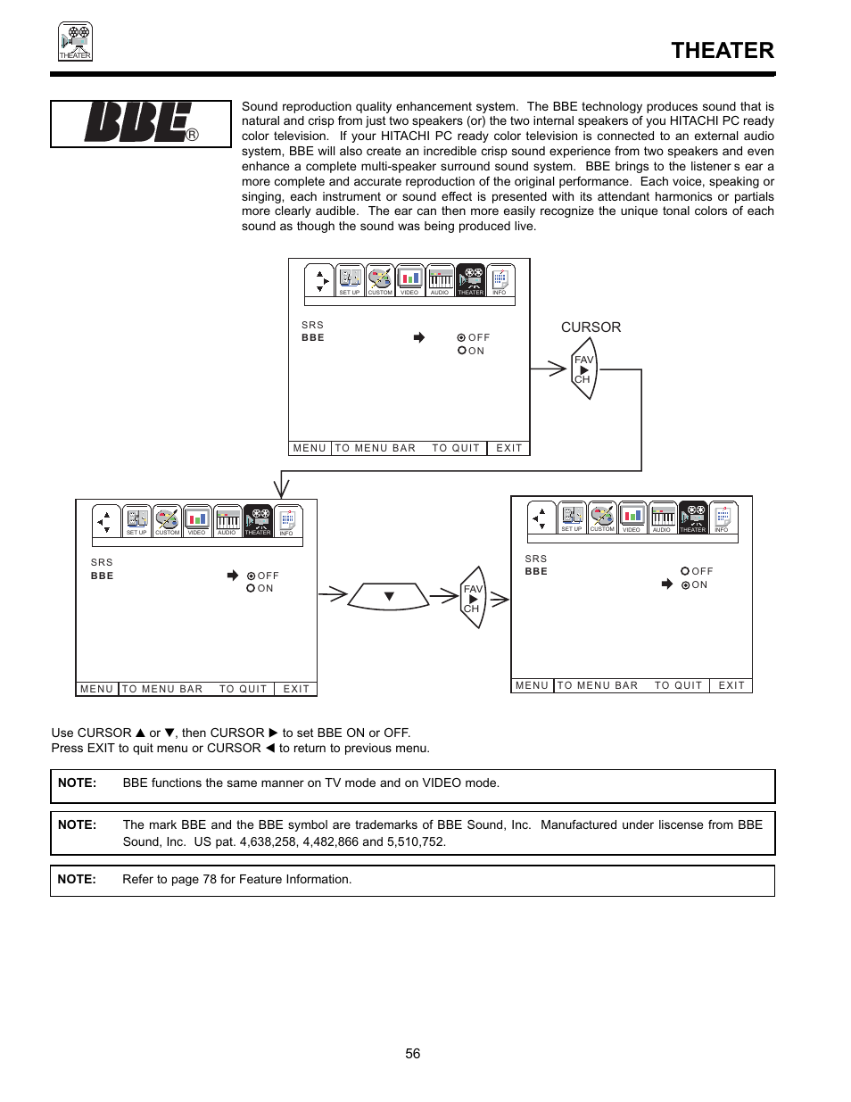 Theater, Cursor | Hitachi UltraVision 36SDX88B User Manual | Page 56 / 80
