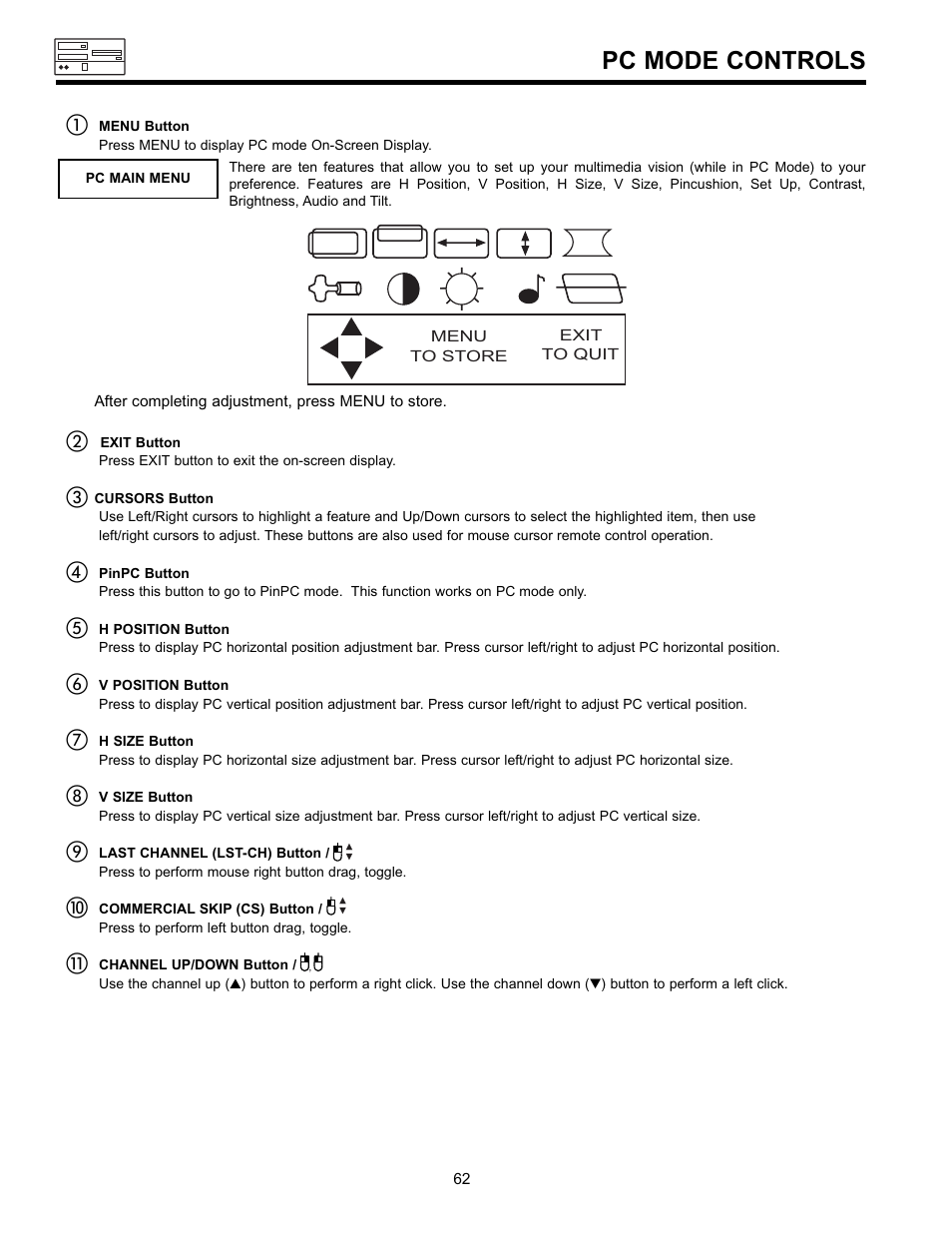 Pc mode controls | Hitachi UltraVision 36SDX88B User Manual | Page 62 / 80