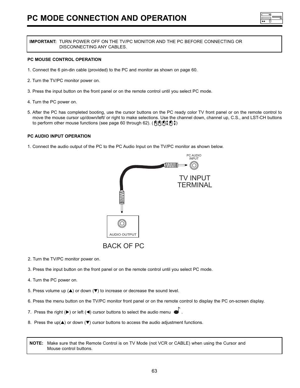 Pc mode connection and operation, Back of pc tv input terminal | Hitachi UltraVision 36SDX88B User Manual | Page 63 / 80