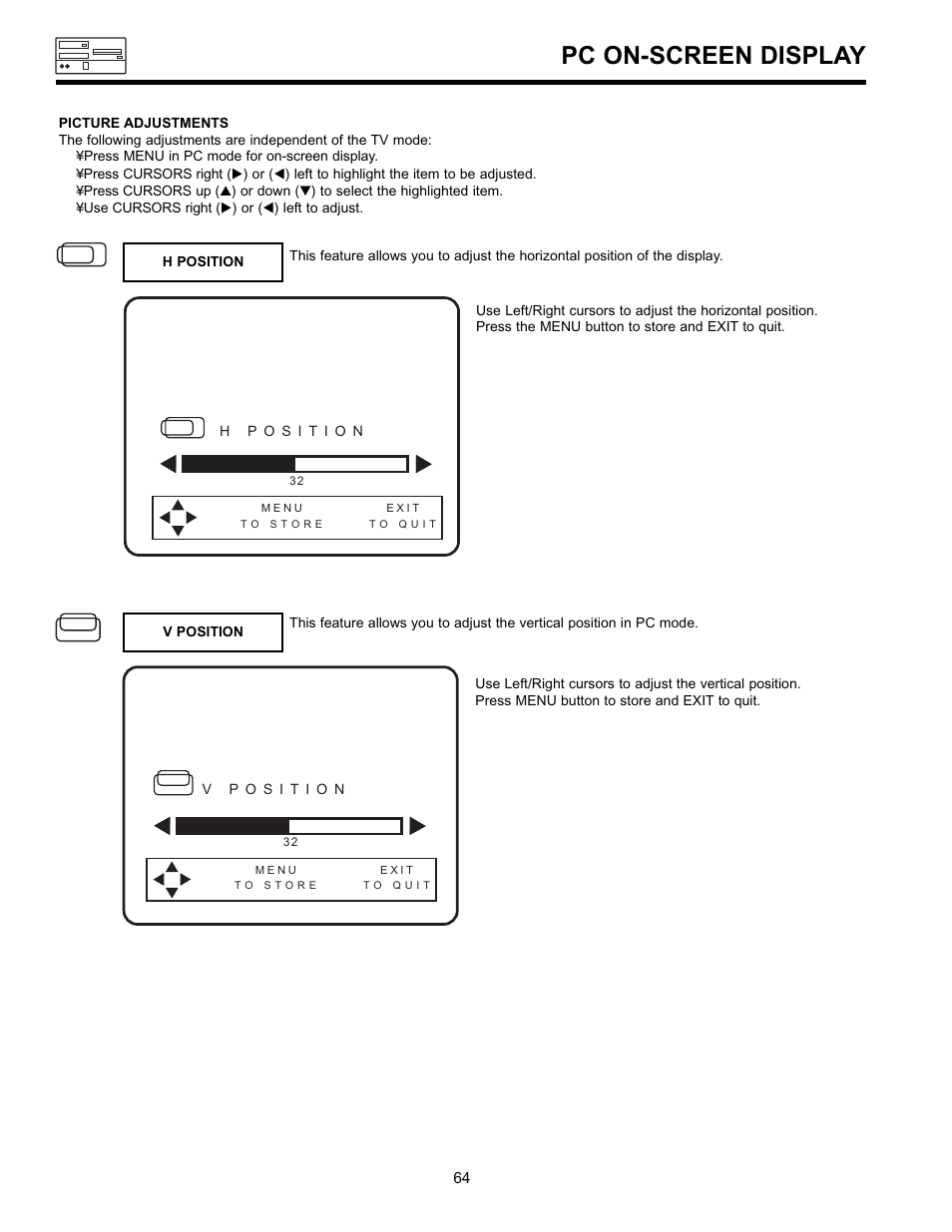 Pc on-screen display | Hitachi UltraVision 36SDX88B User Manual | Page 64 / 80