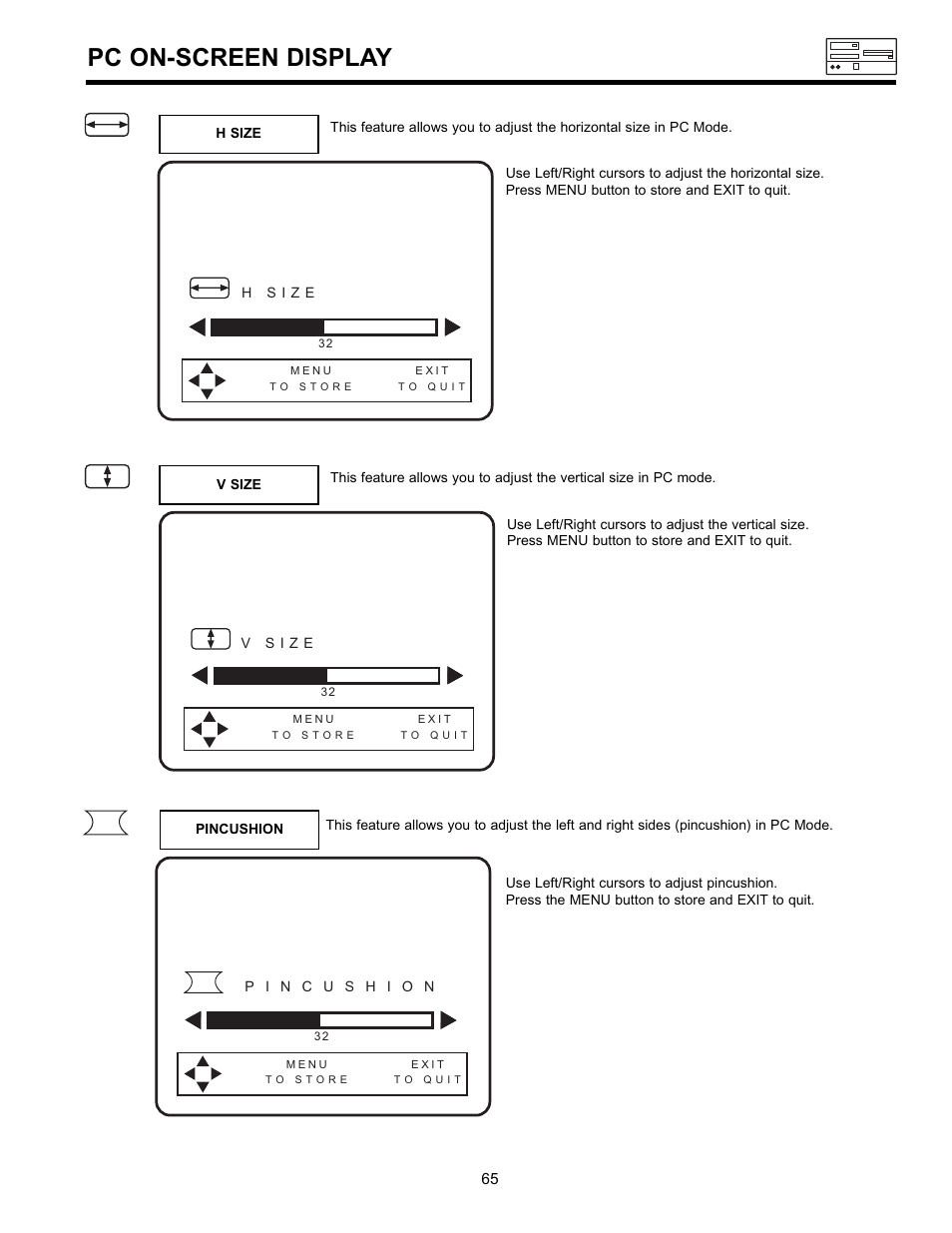 Pc on-screen display | Hitachi UltraVision 36SDX88B User Manual | Page 65 / 80