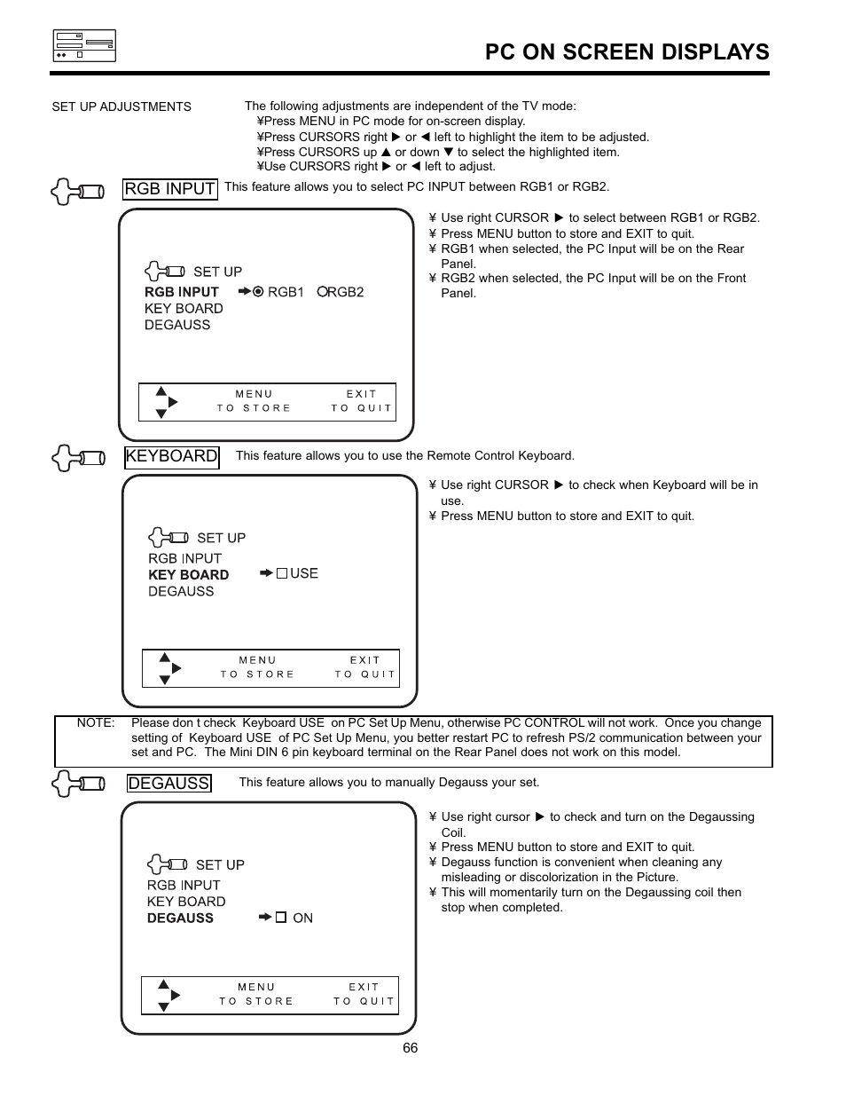 Pc on screen displays | Hitachi UltraVision 36SDX88B User Manual | Page 66 / 80