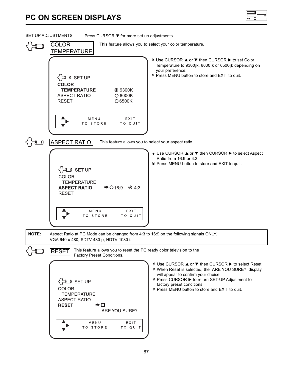 Pc on screen displays | Hitachi UltraVision 36SDX88B User Manual | Page 67 / 80