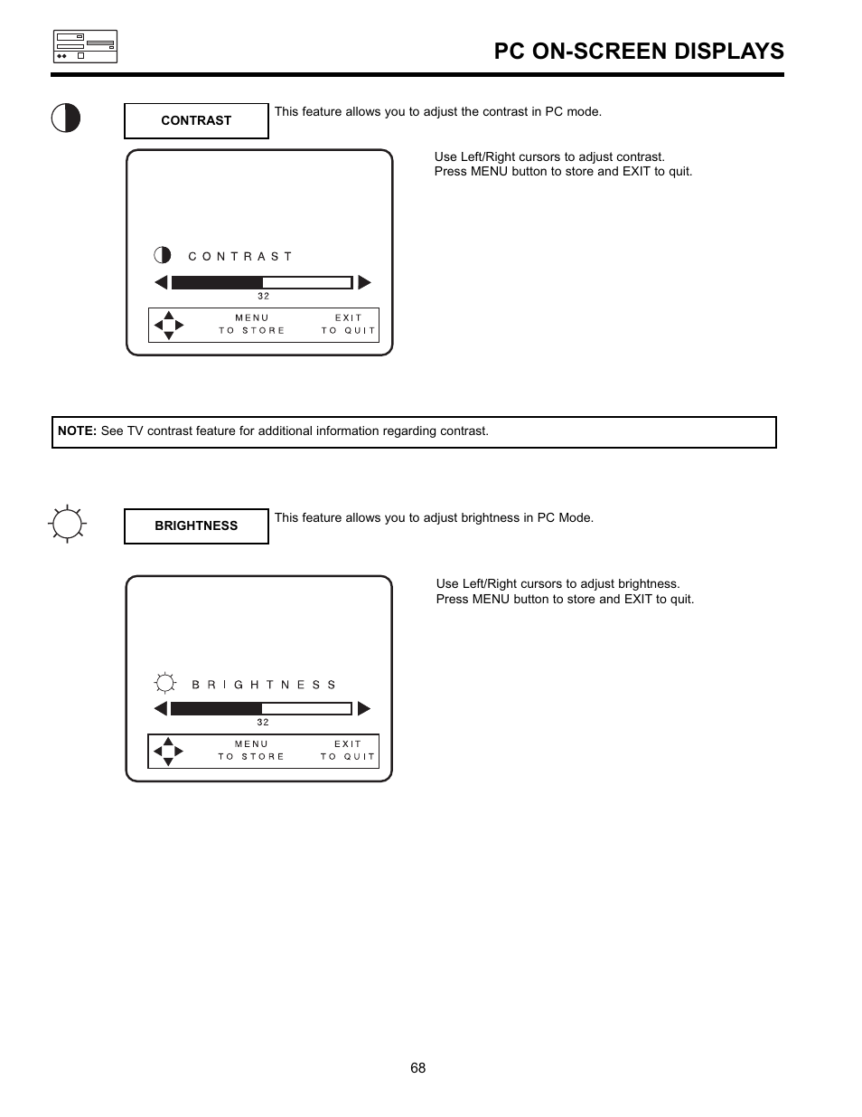 Pc on-screen displays | Hitachi UltraVision 36SDX88B User Manual | Page 68 / 80