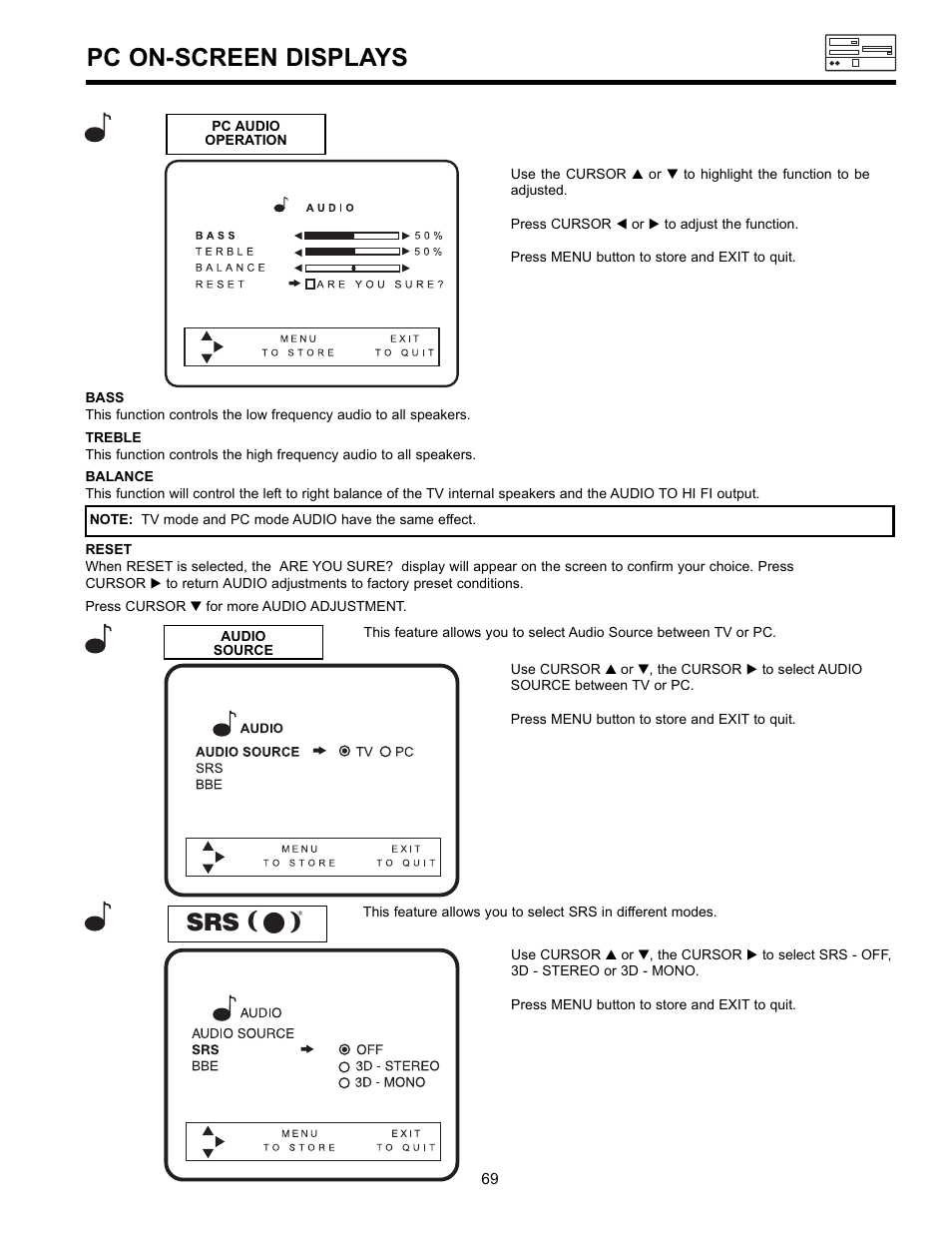 Pc on-screen displays | Hitachi UltraVision 36SDX88B User Manual | Page 69 / 80