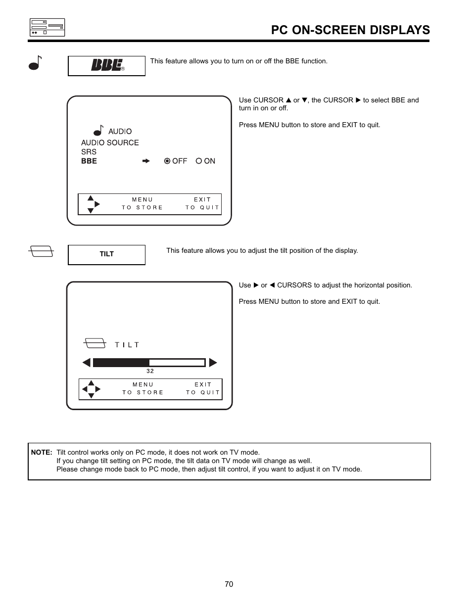 Pc on-screen displays | Hitachi UltraVision 36SDX88B User Manual | Page 70 / 80