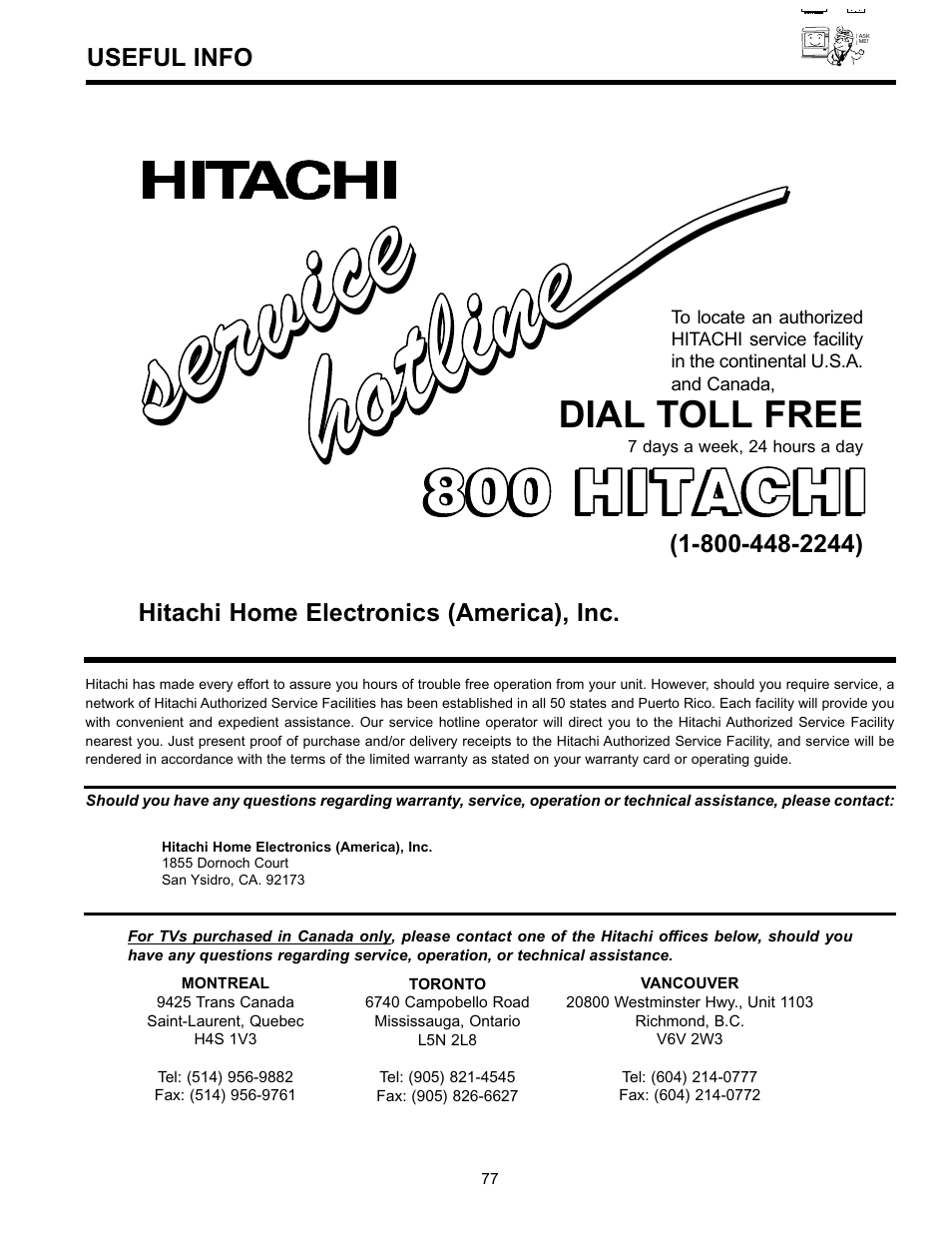 Service ser vic e, 800 hitachi, Dial toll free | Hitachi UltraVision 36SDX88B User Manual | Page 77 / 80