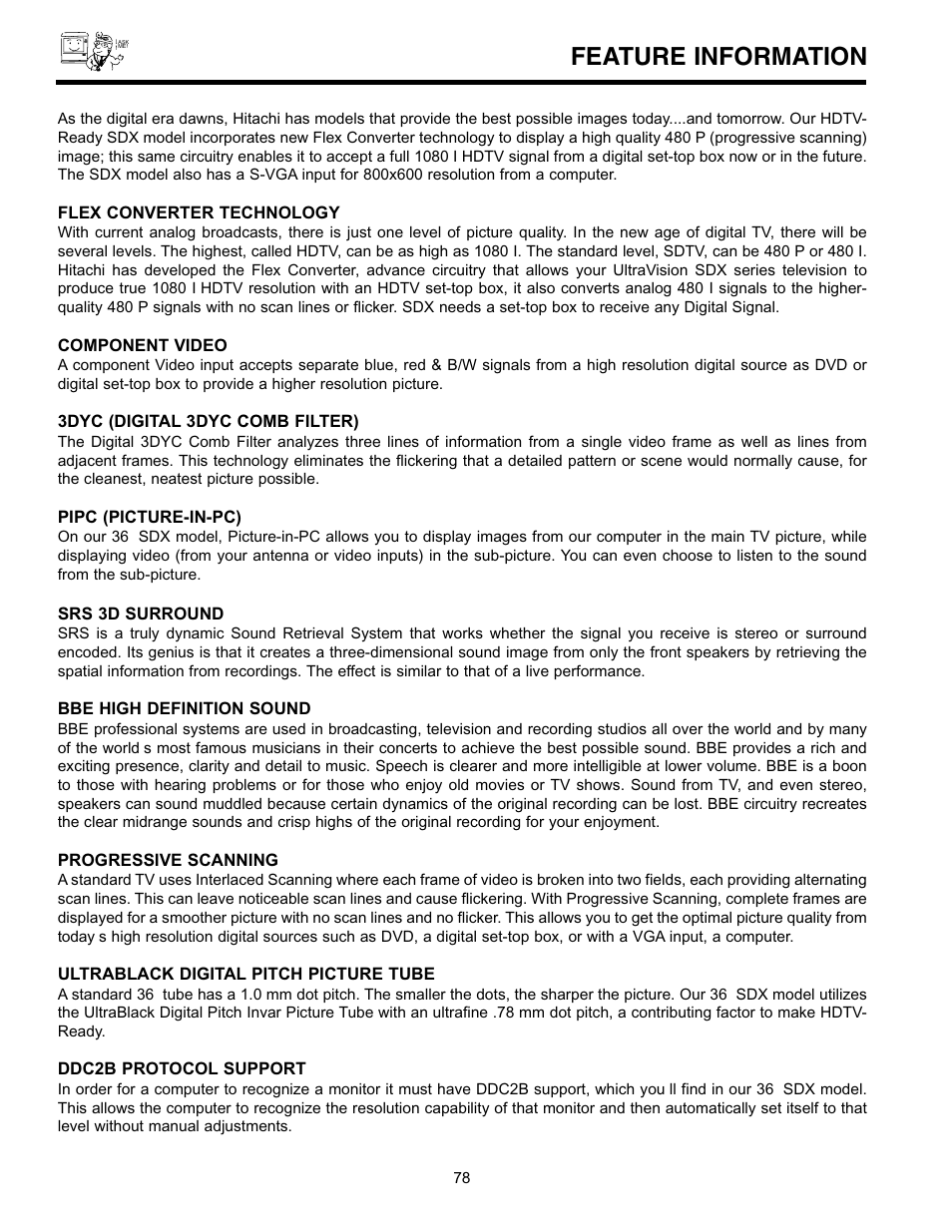 Feature information | Hitachi UltraVision 36SDX88B User Manual | Page 78 / 80