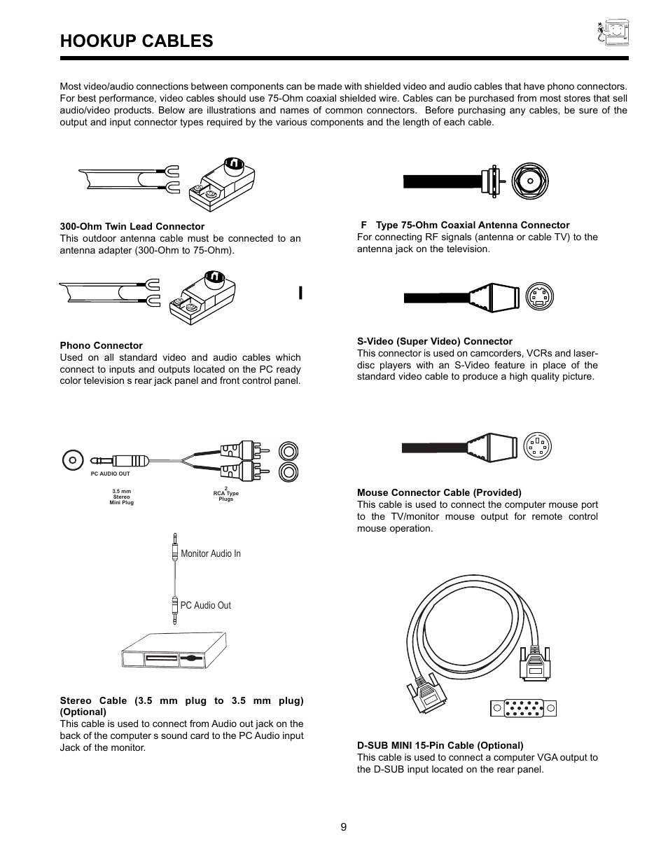 Hookup cables | Hitachi UltraVision 36SDX88B User Manual | Page 9 / 80