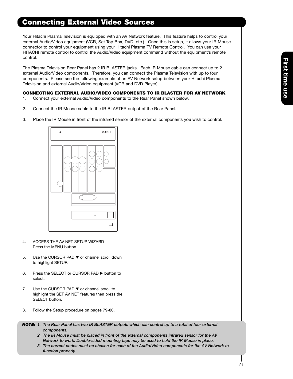 Connecting external video sources, First time use | Hitachi 42HDT52A User Manual | Page 21 / 67