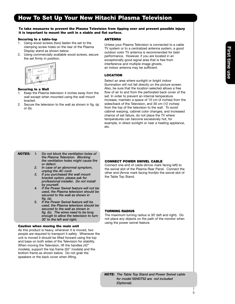 How to set up your new hitachi plasma television, First time use | Hitachi 42HDT52A User Manual | Page 5 / 67