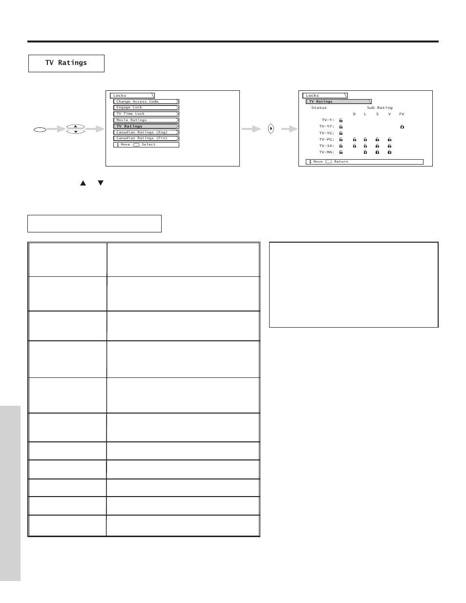 Locks, On-screen displa y, Tv-y tv-y7 tv-g tv-pg tv-14 tv-ma | Hitachi 57G500 User Manual | Page 46 / 64