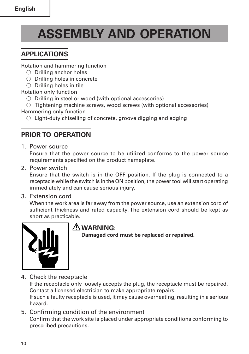 Assembly and operation | Hitachi DH 24 PF User Manual | Page 10 / 76