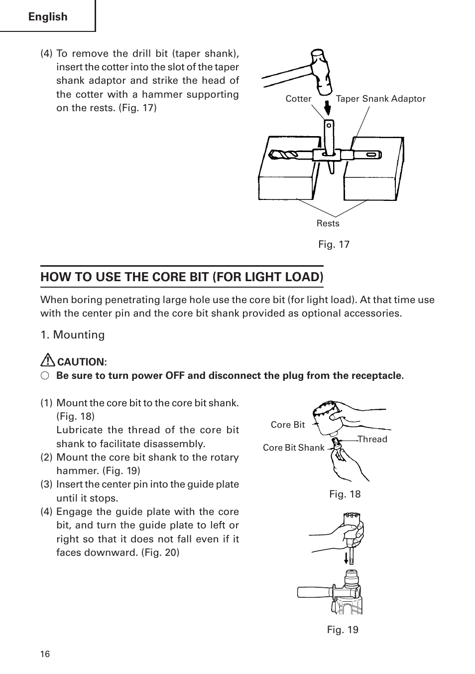 How to use the core bit (for light load) | Hitachi DH 24 PF User Manual | Page 16 / 76